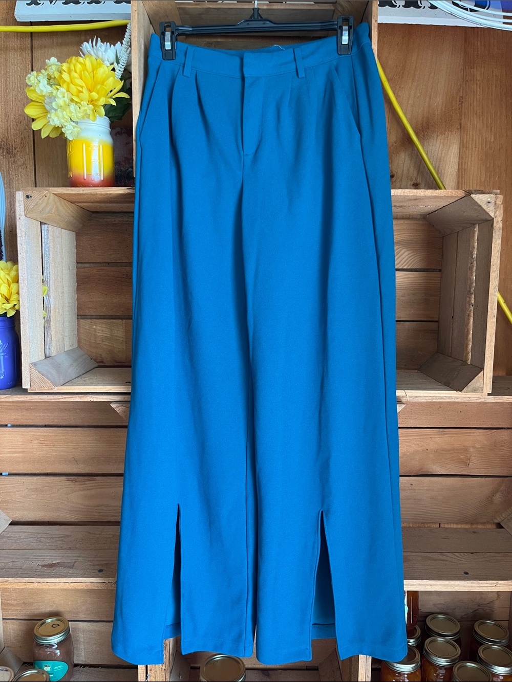 Happily Grey Wide-Leg Teal Pants with Front Slits